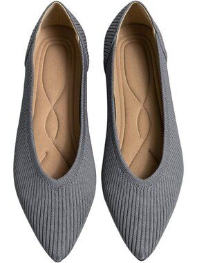 Womens Grey Pointed Toe Knit Ballet Comfortable Dressy Solid Slip On Flat Shoes